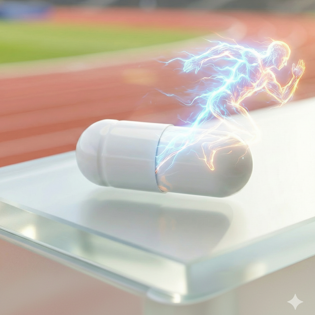 High-resolution running person with pill